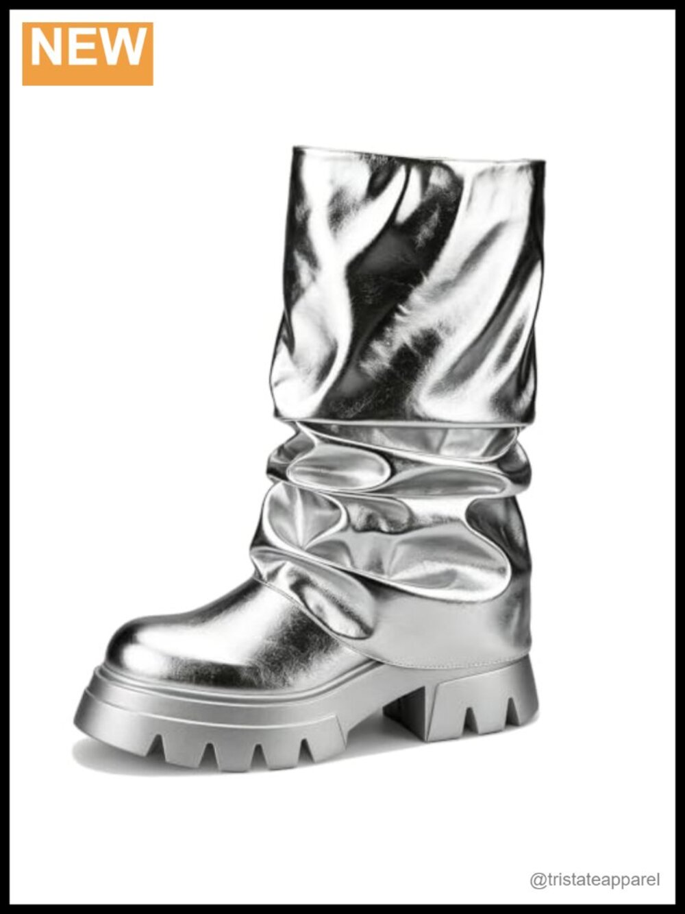 Faux Leather Fold Over Slouchy Platform Chunky Heel Mid Calf Boots